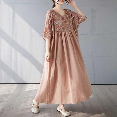 Cotton and Linen Summer Patchwork Retro Style Dress Long Skirt