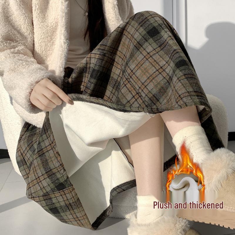 Korean Retro Plaid Woolen A-line Skirt for Women - High Waist Winter Long Skirt