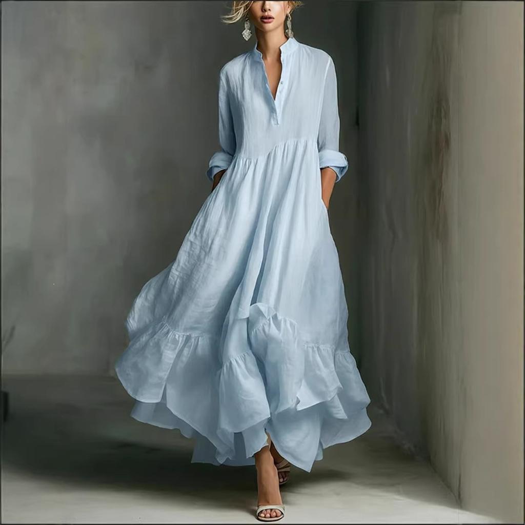 Women's Long Sleeve Loose Fit Maxi Dress Solid Color Round Neck Button Front Casual Full Length Dress with Flared Hem
