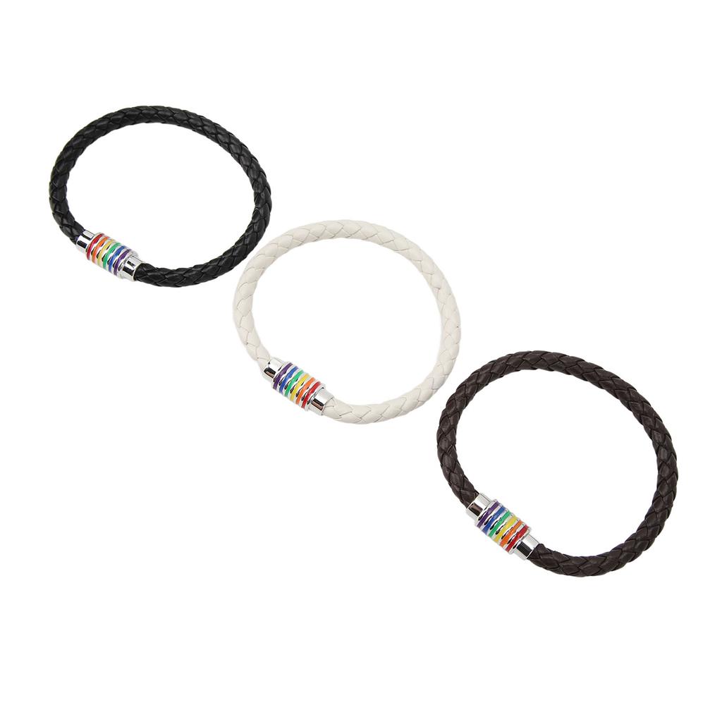 3PCS LGBTQ Bracelet Leather Stainless Steel Pride Woven Braided Magnet Lock Black Brown White LGBTQ Jewelry