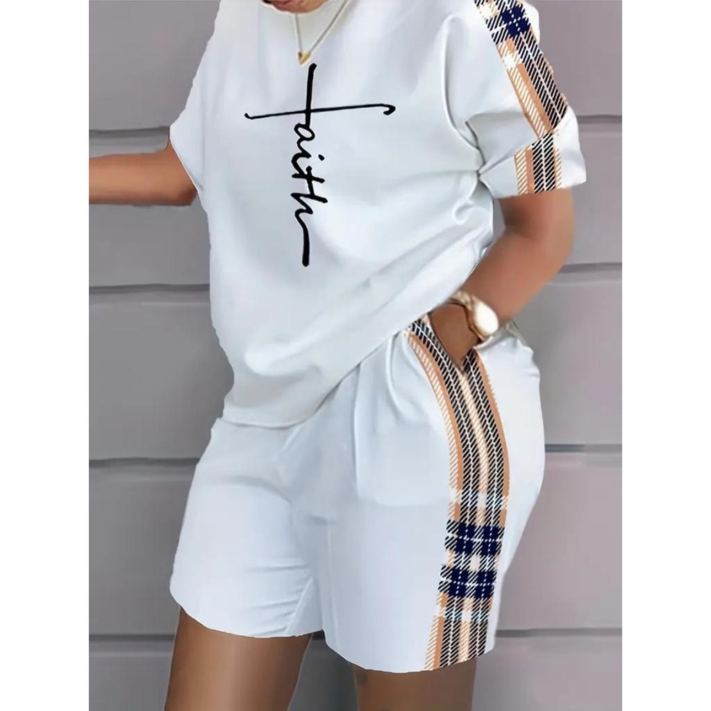Women's Loose Two-Piece Set Short Sleeve Crew Neck Graphic Tee High Waist Geometric Biker Shorts