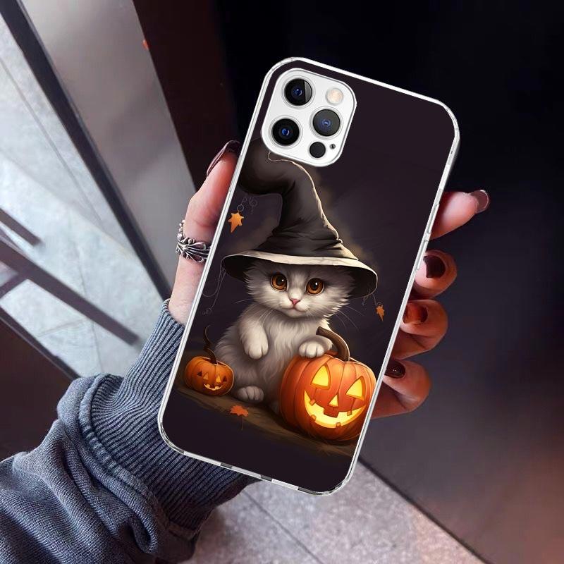 Black Kitten Halloween Pumpkin Phone Case For iPhone 17 Air 11 13 Mini 14 15 Plus 16 12 Pro Max 16E SE 7 8 Pattern Soft TPU Back