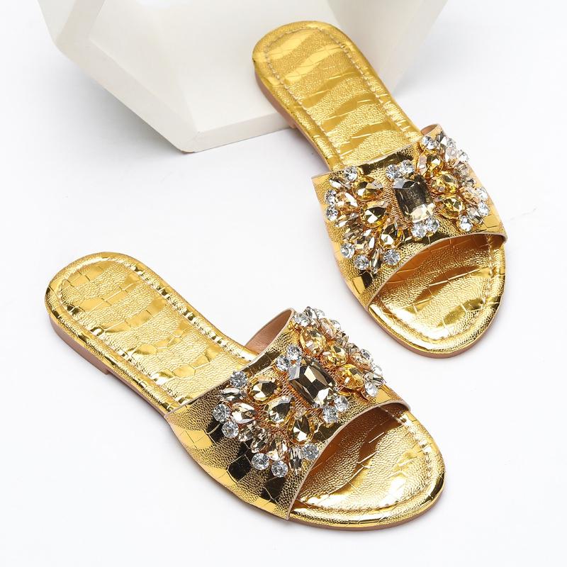 

Fashion Luxury Rhinestone Bow Decoration Flat Slippers Women Summer Sexy Pointed Toe Open Toe Non-slip Women Sandals Comfort Casual Shoe 43 золотой