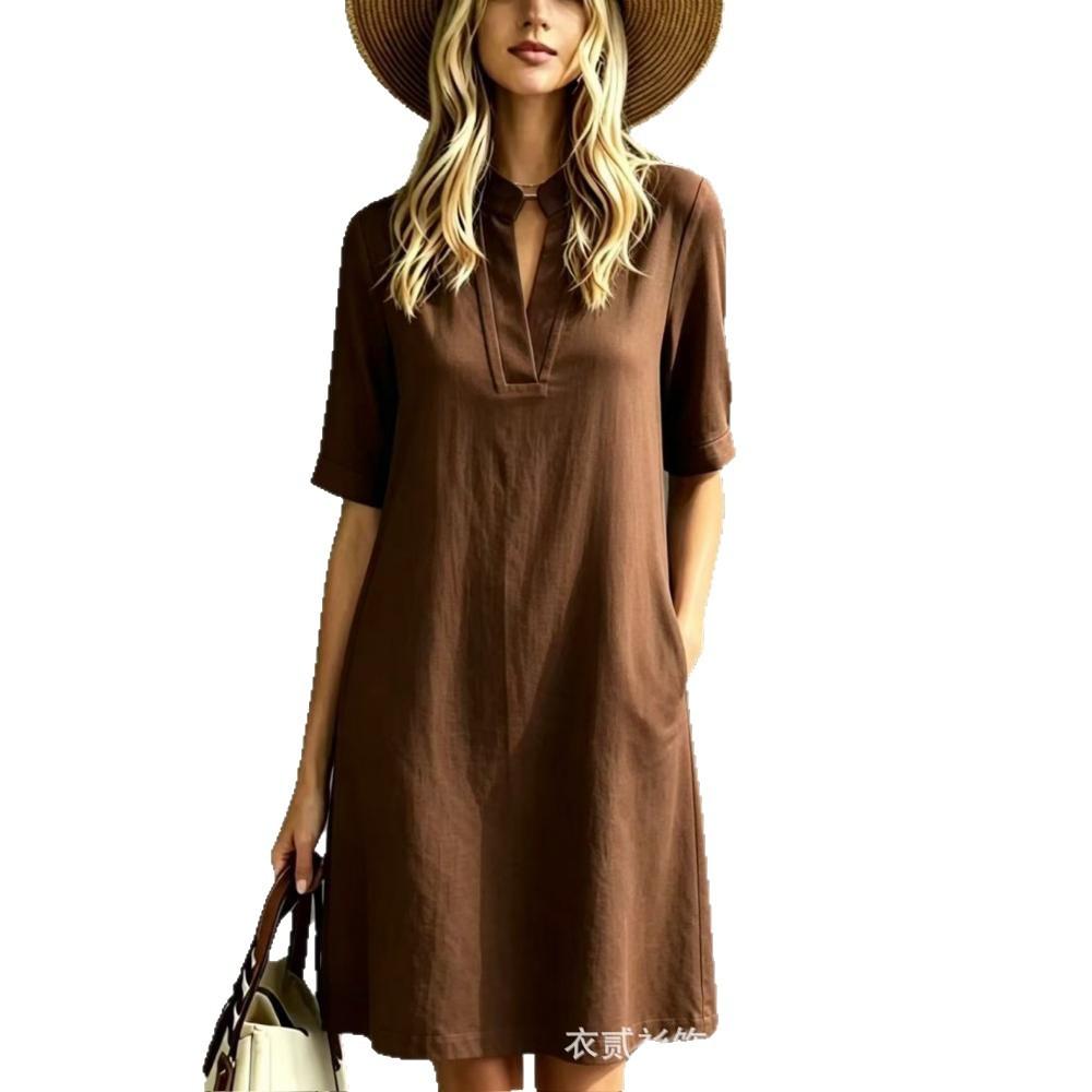 New European and American stand-up collar notch, elegant V-neck short-sleeved dress, women's loose casual pocket straight short skirt