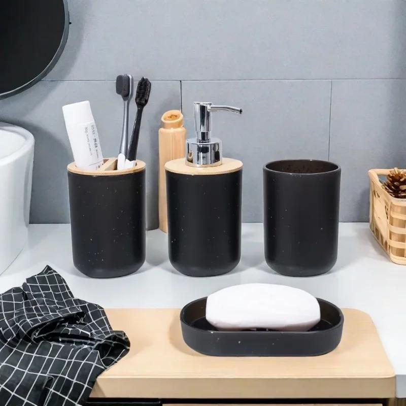 4Pcs/Set Bamboo Plastic Bathroom Storage Set, Soap Dispenser Box Toilet Brush Lotion Bottle Trash Can Toothbrush Cup Holder