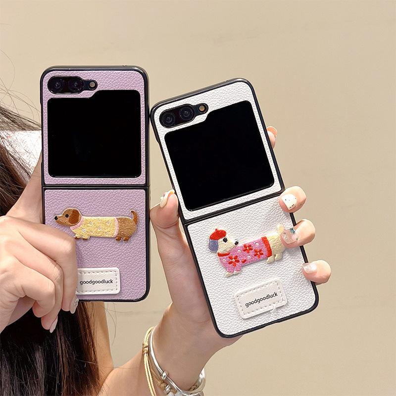 Cartoon Puppy Leather Phone Case for Samsung Zflip6 Clamshell Folding Screen Findn3Flip Female New Model