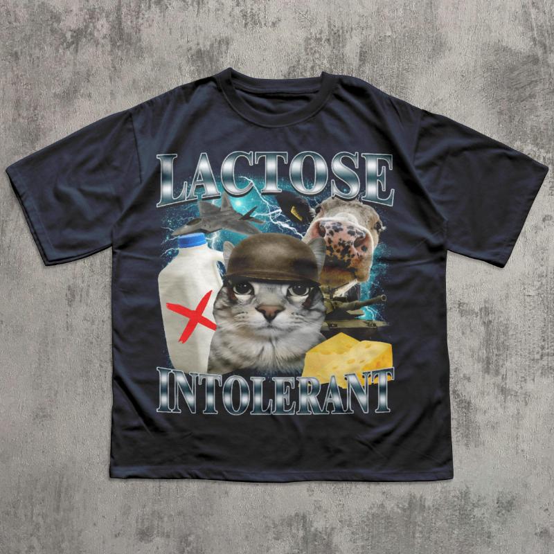 Lactose Intolerant Funny Cat Model Tshirt Lactose Shirt Silly Cat Tshirt Weird Tshirt Mens Spring and Summer Loose Top