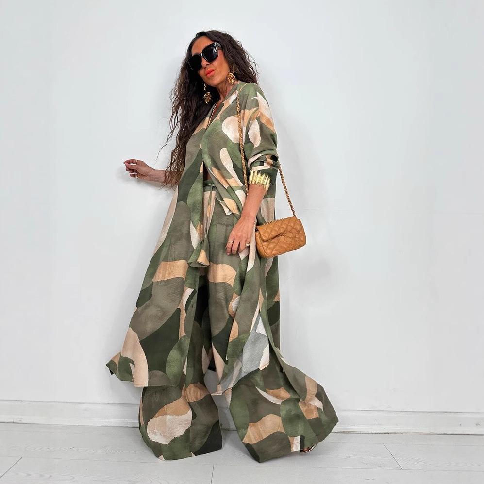Autumn New Women's Lapel Printed Mid-length Top and Wide-leg Pants Two-piece Set