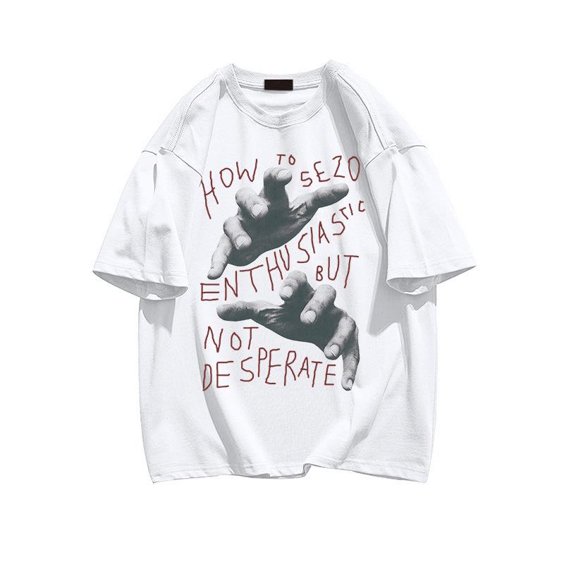 

American Retro Finger Letter Printed Women s Summer Short-sleeved T-shirt Loose Hiphop Cotton Casual Top White Oversized Clothes S