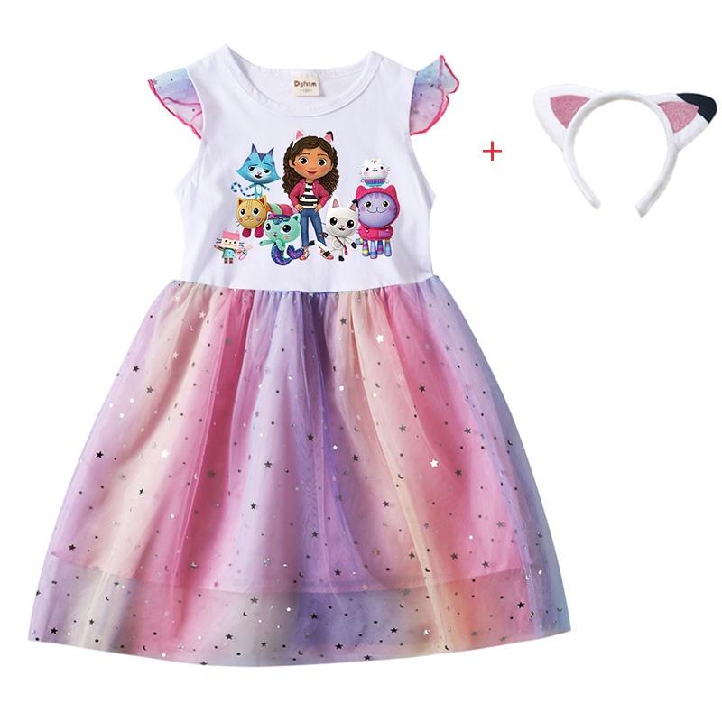 2 PIÈCES Robes de Princesse pour Bébé Fille + Bandeau Dessin Animé Gabby Cats pour Vêtements d'Enfants Déguisement Cosplay Enfants Manches Volantes Robe Décontractée 4T(110) blanc