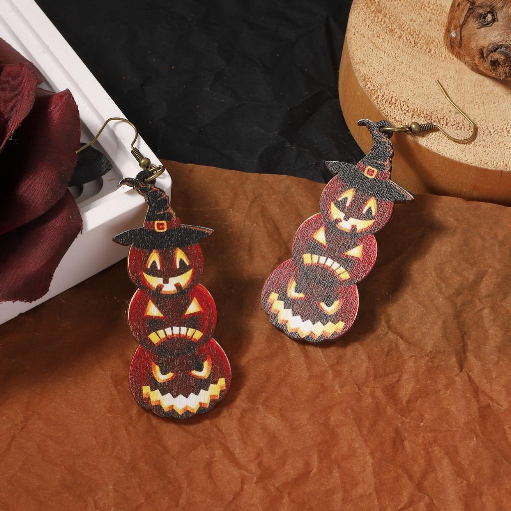 Personalized and Retro Halloween Wooden Printed Skull Earrings, Fashionable Pumpkin Ear Hooks for Festival Parties