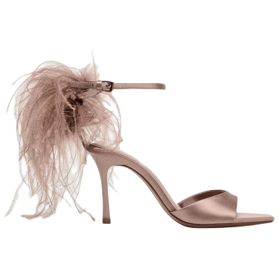 Zara Vintage Open-Toe Dreamy Style Feather High Heels One-Strap Sandals 9Cm Women Sandals Beige 2306610098