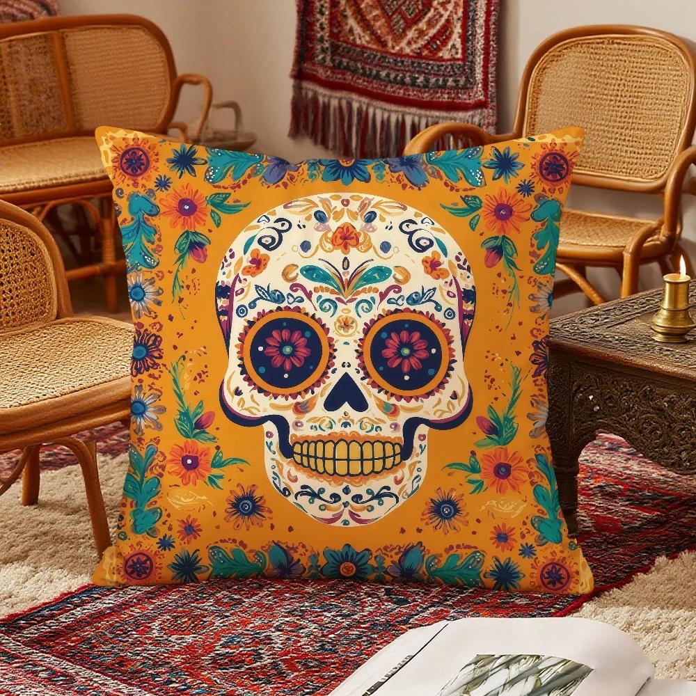 Vibrant Day Of The Dead Art Cushion Cover Bedroom Sofa Decorative Home Car Portable Cushion Cover With Zipper Soft Pillowcase