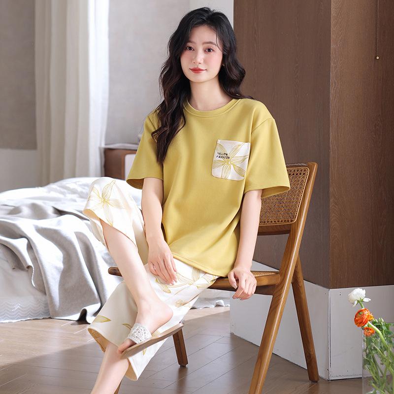 Bring Your Own Chest Pads, Pajamas, Women's Summer Pure Cotton Short-sleeved Cropped Pants, Cotton-free Bras, and Loungewear Sets That Can Be Worn