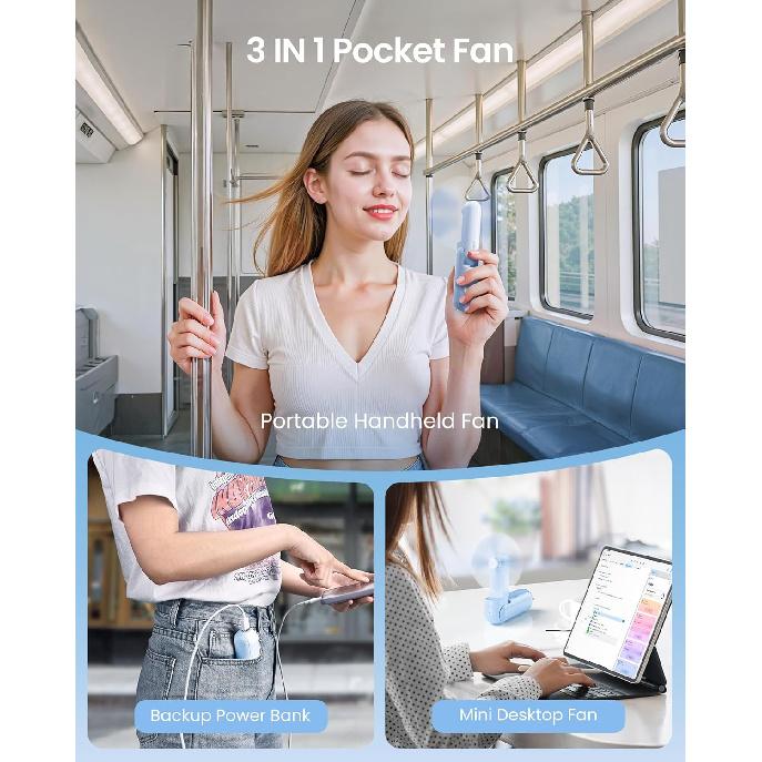GAIATOP Portable Handheld Fan, 3 IN 1 Mini Foldable Travel Fans [17H Max Cooling Time] with Power Bank, Pocket Design USB Rechargeable for Travel