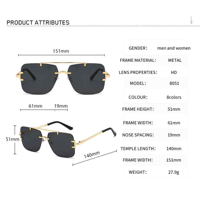 Rimless Double Bridge Sunglasses Men Brand Sun Glasses Women Vintage Fashion Square Shades Male Female Gradient UV400 Eyewear