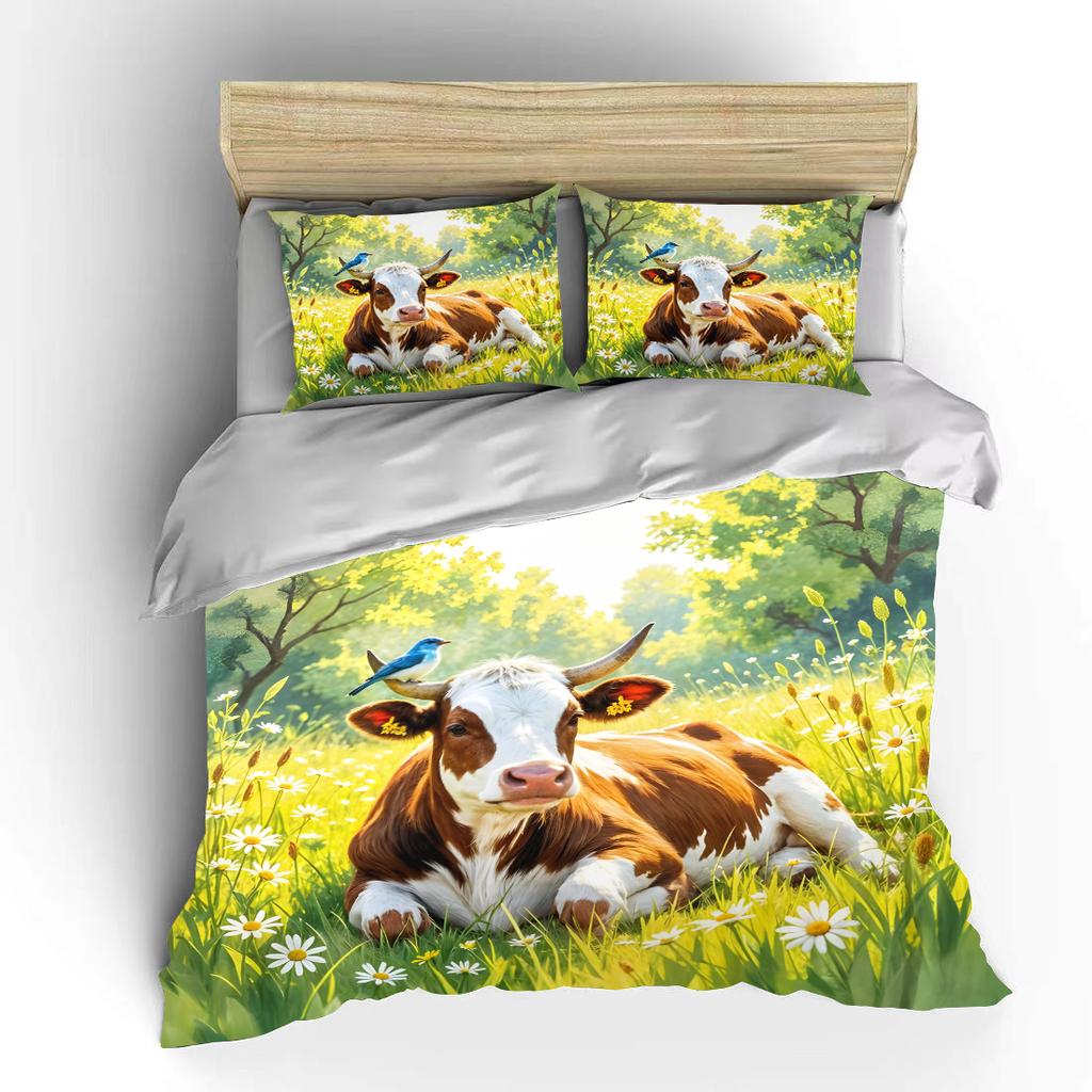 Pastoral Scene with Cow and Bird Print Soft Comfortable Duvet Cover Bedding Set Included 1*Duvet Cover 2*Pillowcases