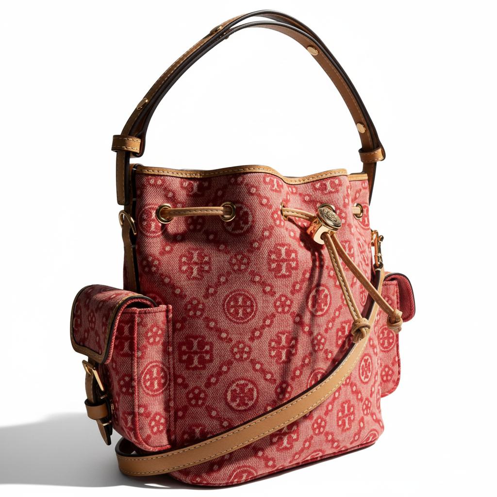 Tory Burch T Monogram T Letter Bucket Bag Cotton Denim With Calfskin Tote Bag Small Women Bags Red 179208-612