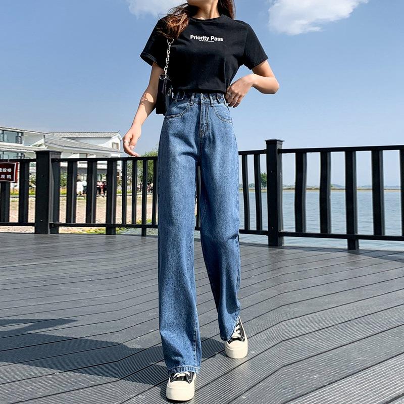 Women's High Waist Wide Leg Pants Loose Fit Adjustable Button Straight Denim Jeans