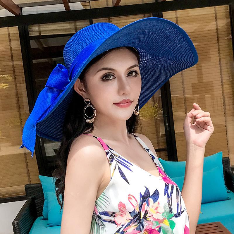 

Straw hat, raffia sun hat, sun protection, large edge to show the face, small hat, trendy versatile fashion beach hat Adjustable [Send windbreak rope] королівський синій колір