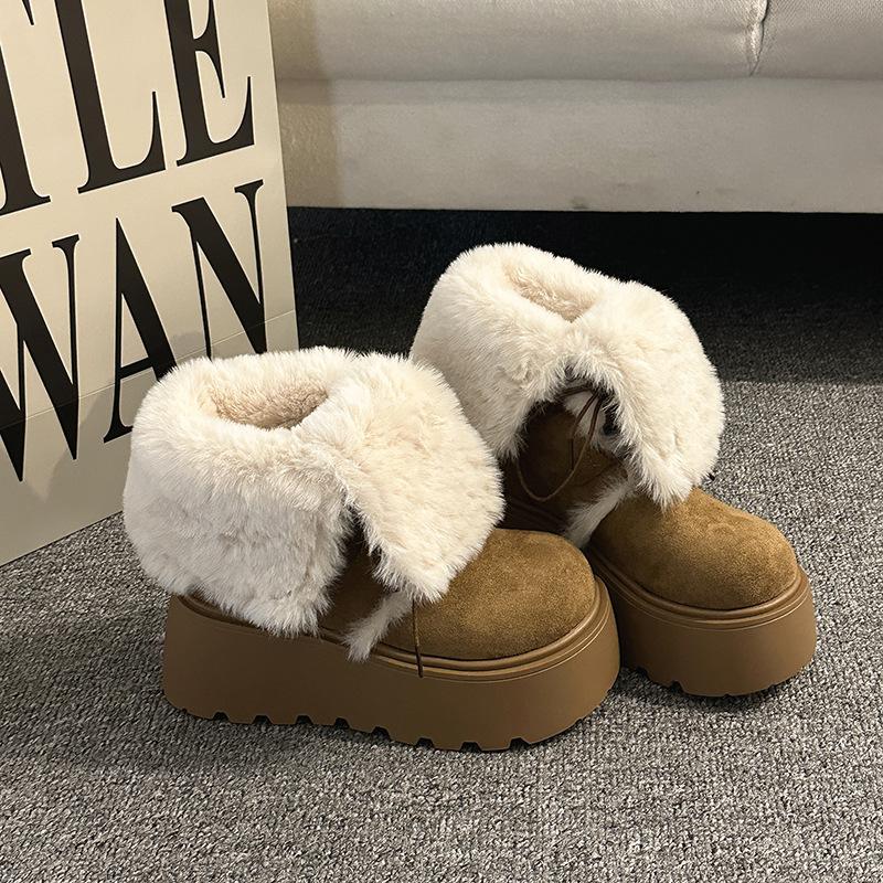 Chunky Thick Sole Women Fur Snow Boots Concise Height Increase Shoes Ladies Outdoor Keep Warm Cotton Short Booties