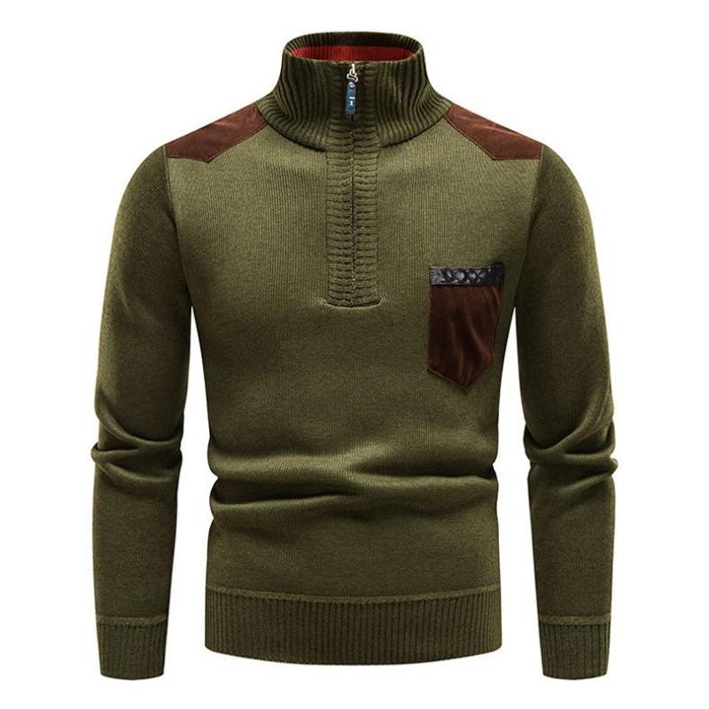 Thickened Velvet Sweater Men's Patch Half Sweater Half Zipper Pullover Casual Top