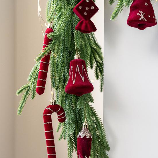 2 Pcs Velvet Christmas Ornaments Shatterproof Glitter Sequins Flocked Bell/Candy Cane/Ice Isicle Hanging Decoration for Xmas Tree Home Party Decor