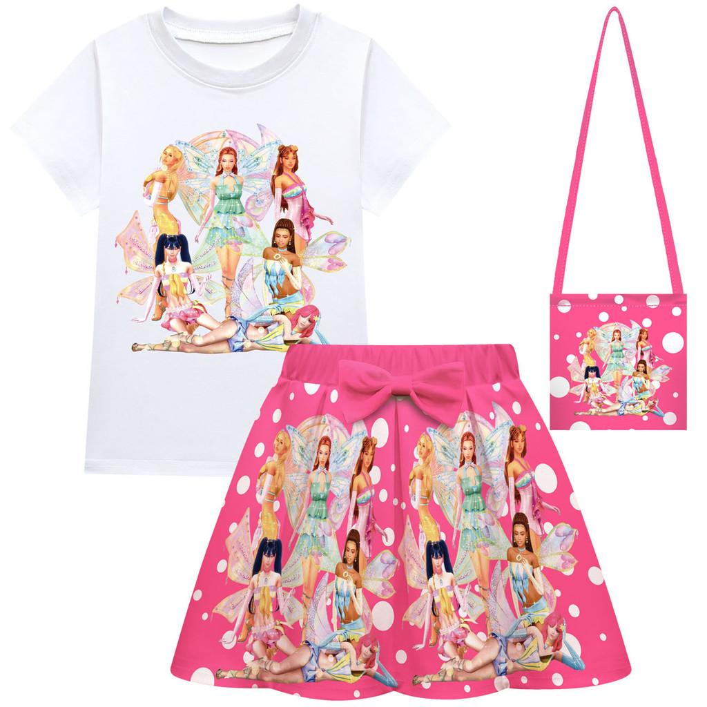 Bambina Ragazza T-shirt Manica Corta con Stampa KATSEYE Gonna Borsa Set di Vestiti