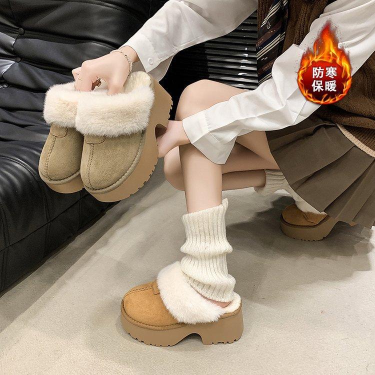 Muffin thick-soled heightening fluffy slippers women's outer wear 2025 new winter piled thickened snow boots half-mop cotton shoes