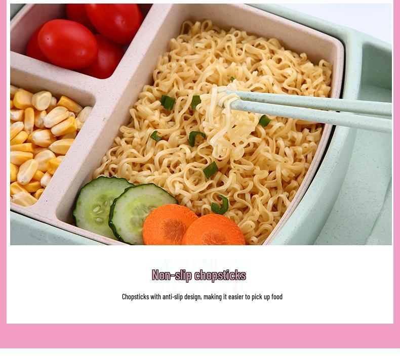 Wheat Cartoon Car Kids' Tableware Set: Divided Plate, Chopsticks, Fork, Spoon, Cup.