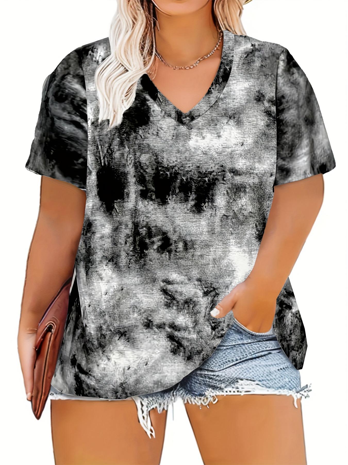 

Женский топ большого размера с V-образным вырезом, коротким рукавом и принтом тай-дай, 2025 L серый