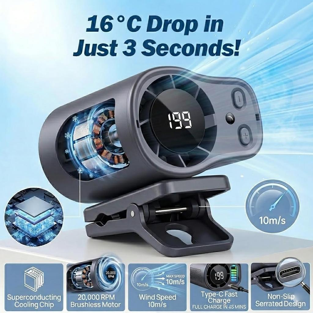 360° Rotating Clip Fan: 2.3 x 2 x 6.9 inches Semi-Cooling 199 Speeds LED Display - USB Rechargeable Hands-Free Design for Car Vent Office Camping