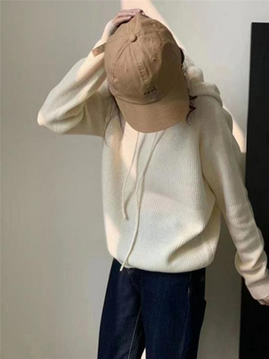 Women's Korean Style Cashmere Knit Hooded Sweater - Loose & Slimming Solid Color