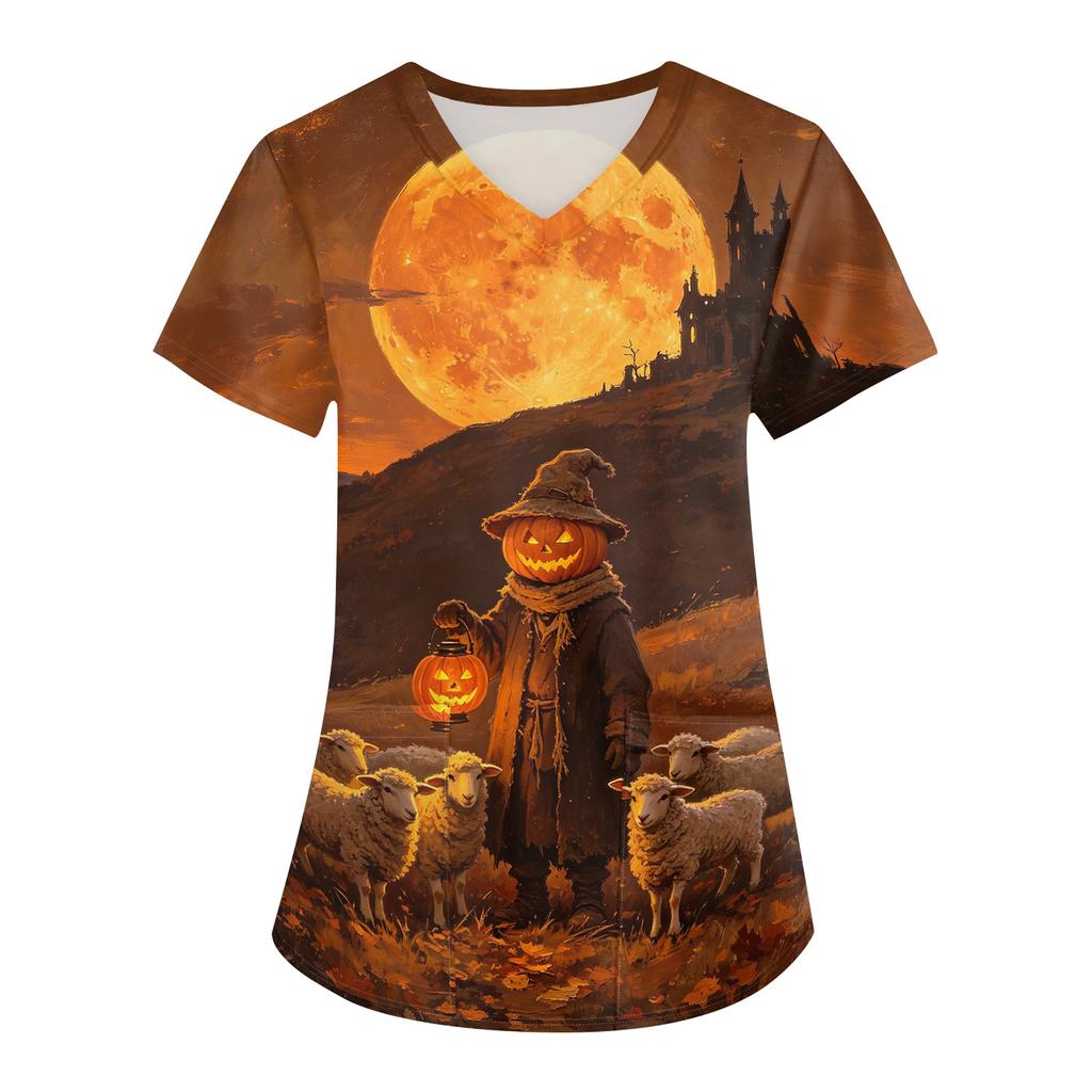 Damski top medyczny na Halloween z nadrukiem, dekoltem V, krótkim rękawem i kieszeniami