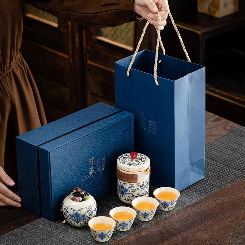 Travel tea set Ru kiln opening outdoor car portable twisted lotus Guyun teapot business printing