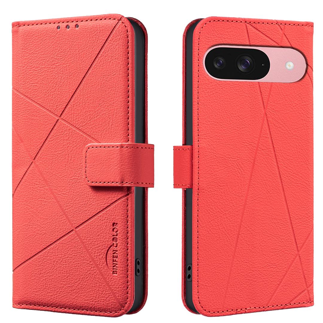 

For Google Pixel 9 Pro/Google Pixel 9 Case BINFEN COLOR BF35 Geometry Imprinted Leather Phone Cover RFID Blocking Wallet Stand Red