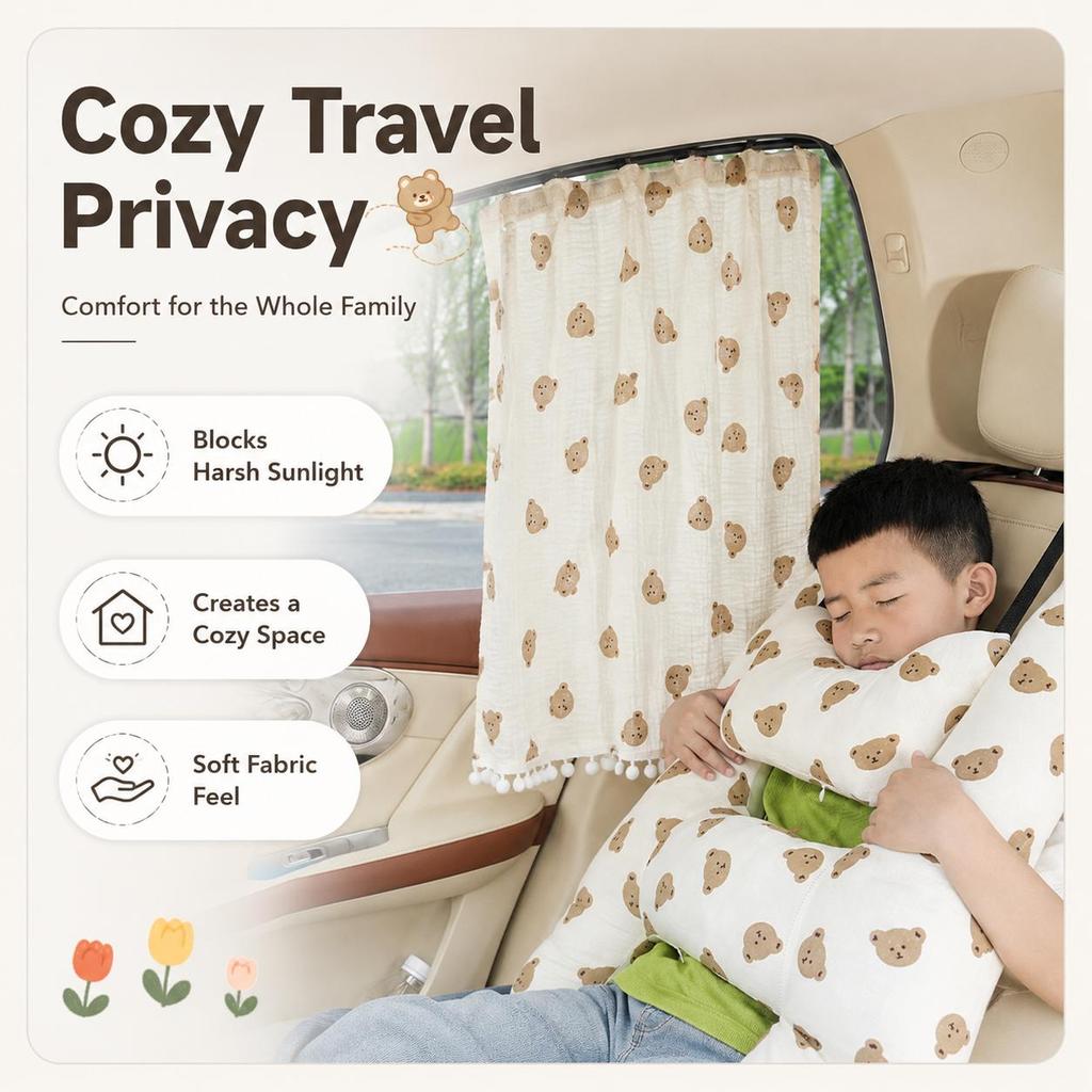 Car Side Window Sunshade Curtain with Embedded Rail, Cute Cotton Gauze Privacy Shade, Heat Insulation UV Protection Auto Window