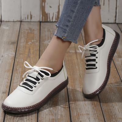 Sapatos Casuais Femininos de Cadarço Tamanho Grande Sapatos Brancos Pequenos Confortáveis Solado Macio Couro Macio Sapatos Estilo Feijão