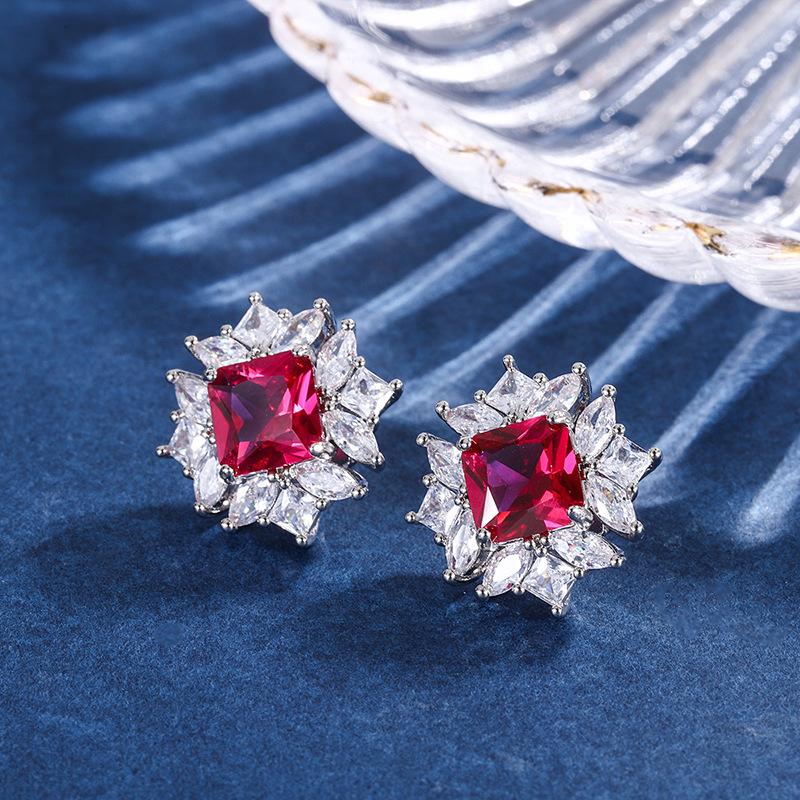 Internet Celebrity Small Fresh Color Treasure Earrings Imitation Color Treasure Square Earrings Low Luxury Diamond Sapphire Earrings Main Stone 8 * 8