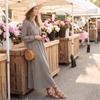 Women's Plaid V-Neck Long Sleeve Loose Fit Cotton Linen Dress for Casual Everyday Wear