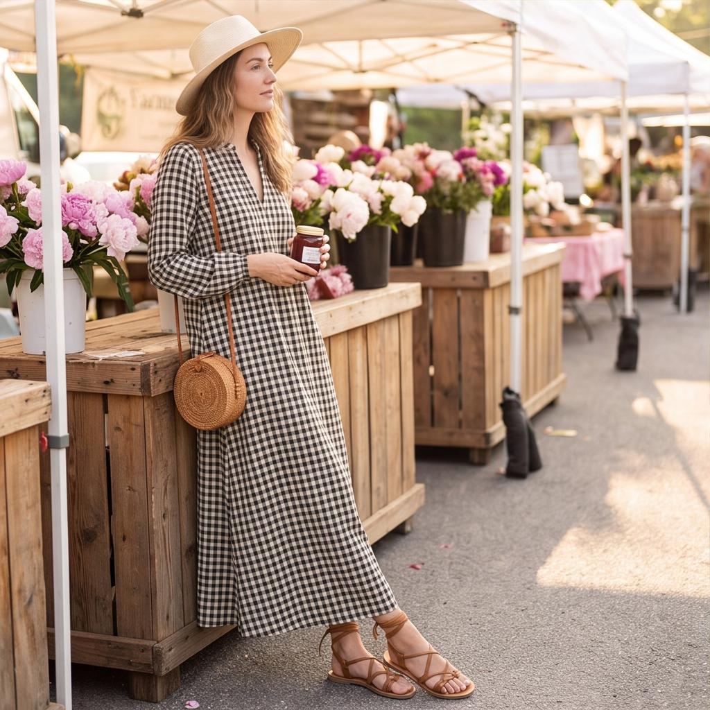 Women's Plaid V-Neck Long Sleeve Loose Fit Cotton Linen Dress for Casual Everyday Wear