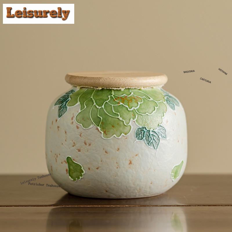 HOYIHM Hand-painted Peony Flower Tea Box Organizer Moisture-proof Handmade Storage Tank Containers Tea Caddy Tea Services Gift