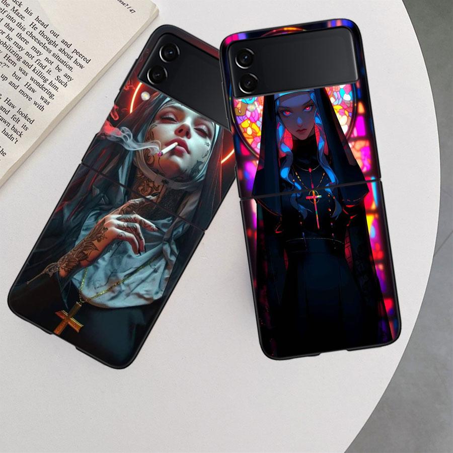 Dark Nun Phone Case For Samsung Z Flip 7 6 5G Galaxy Z Flip 5 4 3 Black Hard Cell Cover Luxury PC Shell Coque