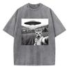 Trendy T Shirt Vintage Washed Cotton T-Shirt Retro UFO and Cat Pattern Graphic Top Tee Casual Streetwear Spring Summer