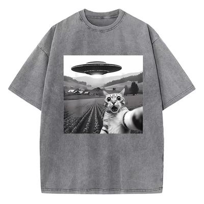 Trendy T Shirt Vintage Washed Cotton T-Shirt Retro UFO and Cat Pattern Graphic Top Tee Casual Streetwear Spring Summer