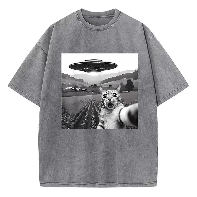 Trendy T Shirt Vintage Washed Cotton TShirt Retro UFO and Cat Pattern Graphic Top Tee Casual Streetwear Spring Summer S