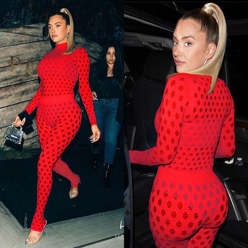 

Sexy See-through High Collar Hole Mesh Two-Piece Set Red 5XL