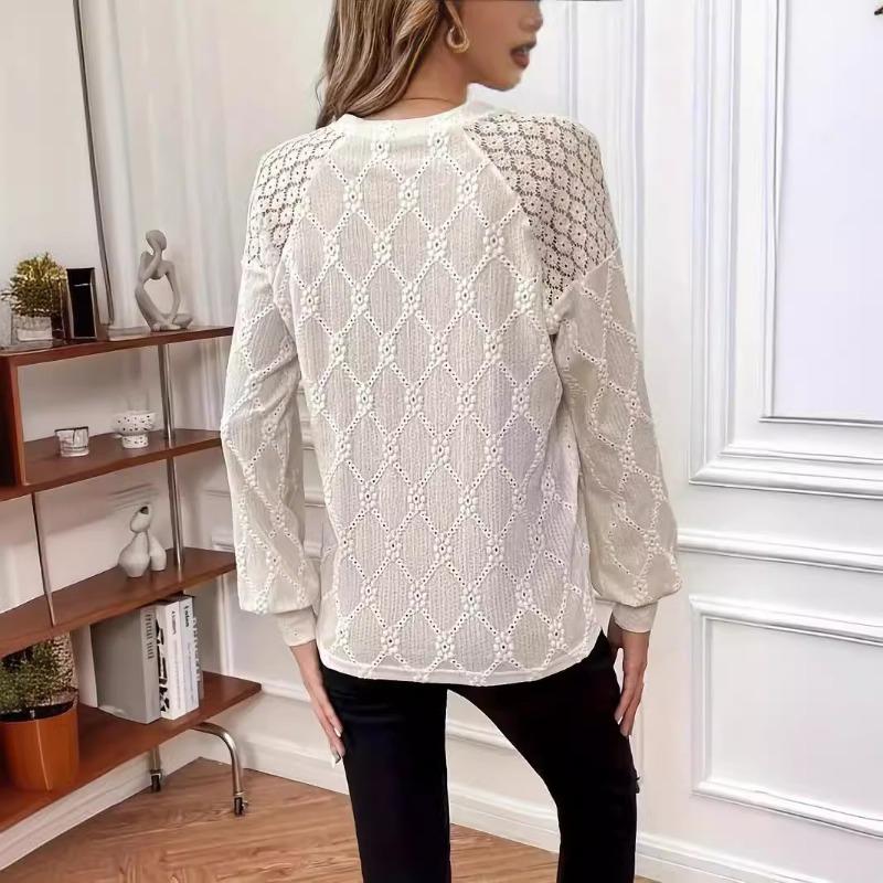 Dámské krajkové patchworkové tričko s dlouhým rukávem, elegantní jednobarevné, kulatý výstřih, duté tričko pro ženy