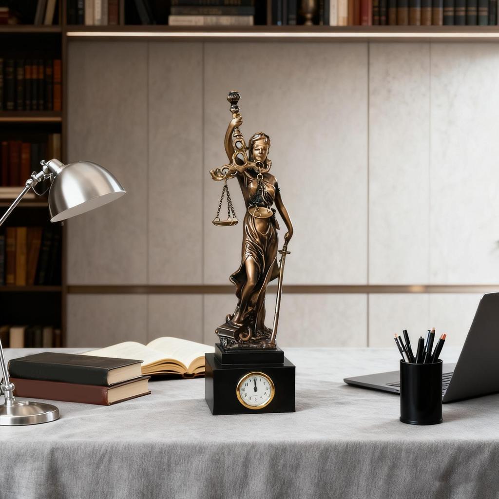 Lady Justice Statue Harzfigur Ornament Mit Uhr Waage der Gerechtigkeit Skulptur Für Zuhause Büro Arbeitszimmer Wohnzimmer Schlafzimmer