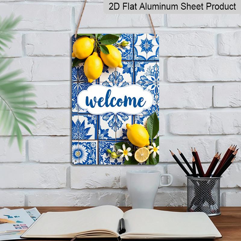 2D Flat, 12.0x8.0inch Metal Welcome Sign - Blue and White Tile Lemon Design with Floral Accents, Mediterranean Style Outdoor Wall Art, Durable